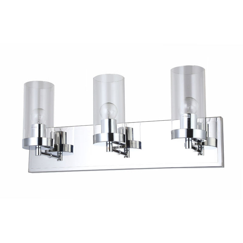 Three Light Chrome Frame Wall Sconce with Clear Glass Cylinder Shades by Bethel - view 2