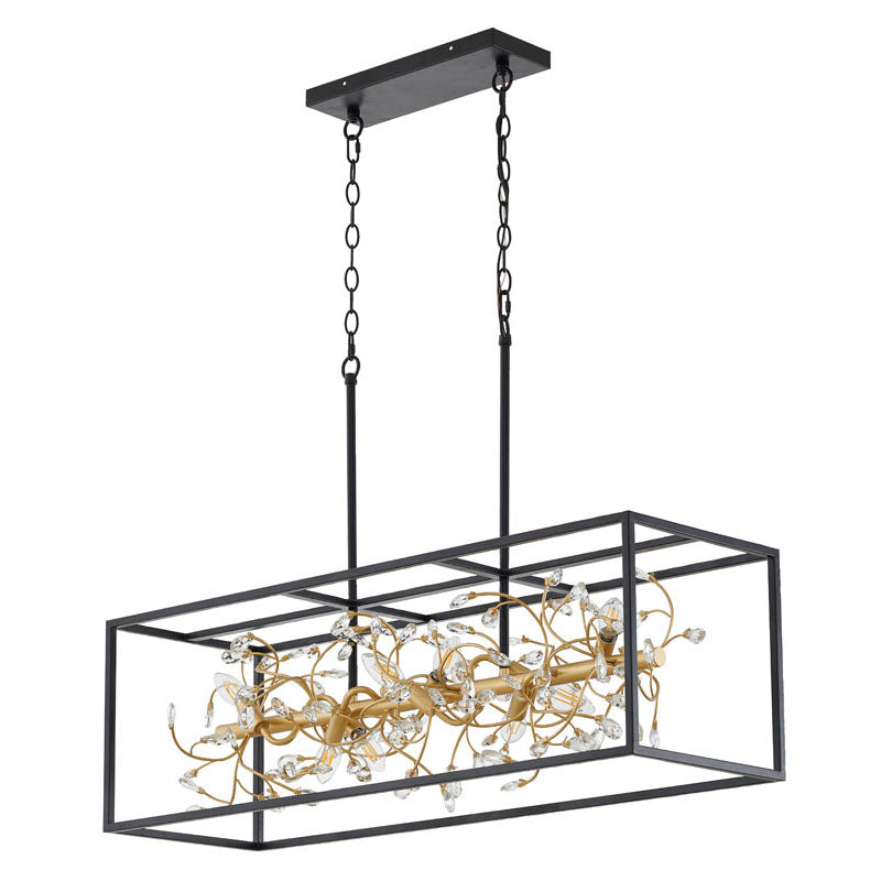 Black Rectangular Cage Frame Chandelier with Gold Branch Accent &amp; Clear Crystals