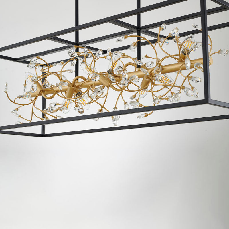 Black Rectangular Cage Frame Chandelier with Gold Branch Accent &amp; Clear Crystals