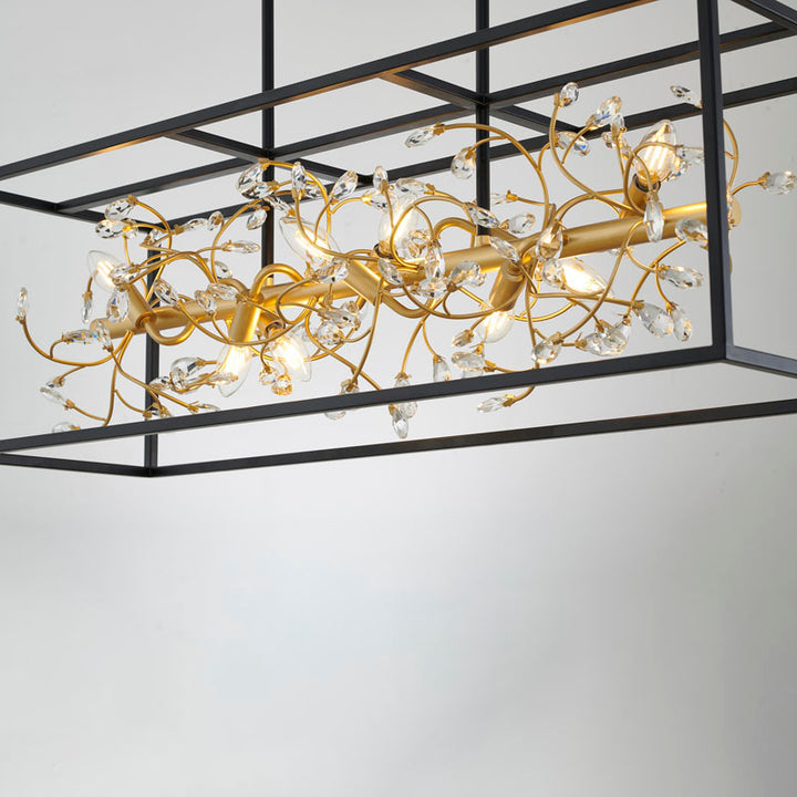 Black Rectangular Cage Frame Chandelier with Gold Branch Accent &amp; Clear Crystals