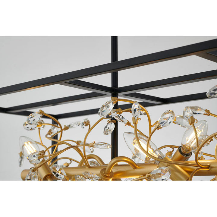 Black Rectangular Cage Frame Chandelier with Gold Branch Accent &amp; Clear Crystals