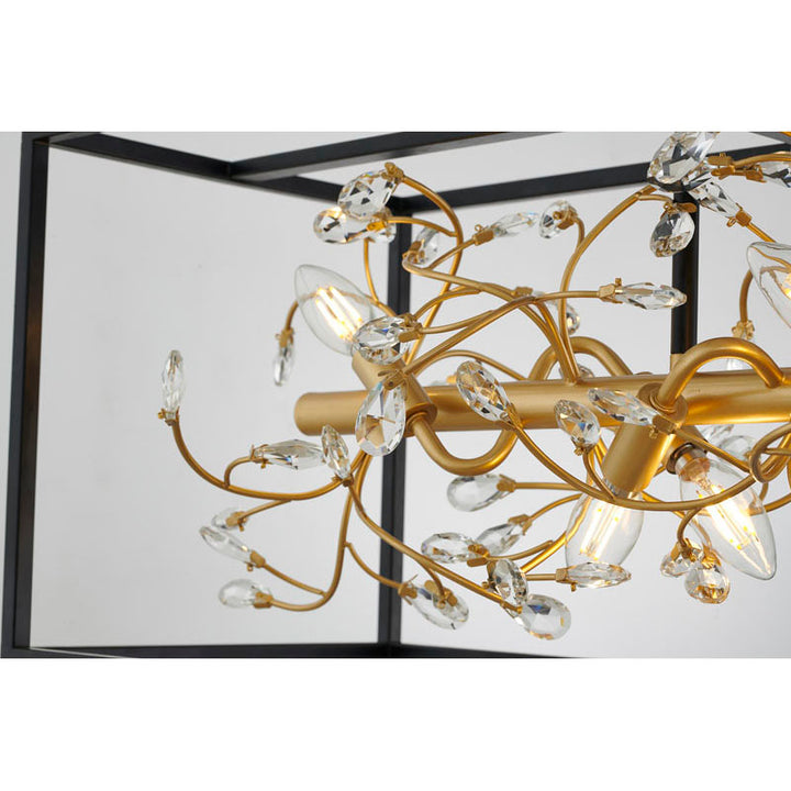 Black Rectangular Cage Frame Chandelier with Gold Branch Accent &amp; Clear Crystals