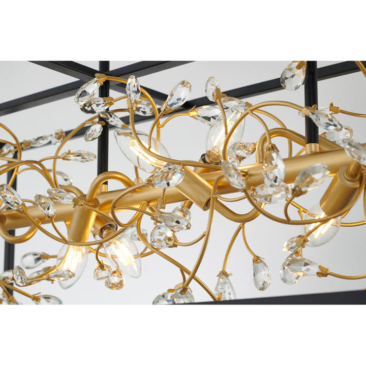 Black Rectangular Cage Frame Chandelier with Gold Branch Accent &amp; Clear Crystals