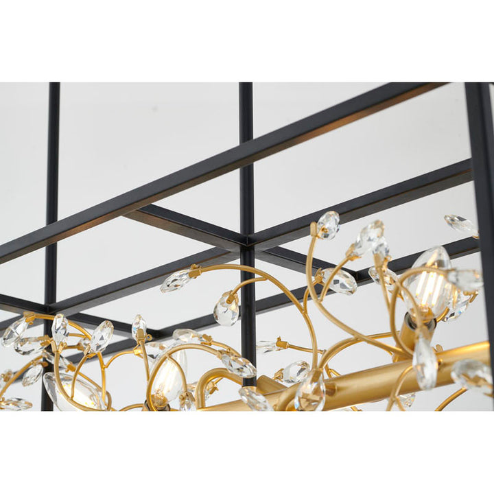 Black Rectangular Cage Frame Chandelier with Gold Branch Accent &amp; Clear Crystals
