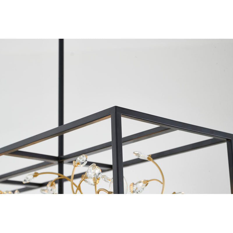 Black Rectangular Cage Frame Chandelier with Gold Branch Accent &amp; Clear Crystals