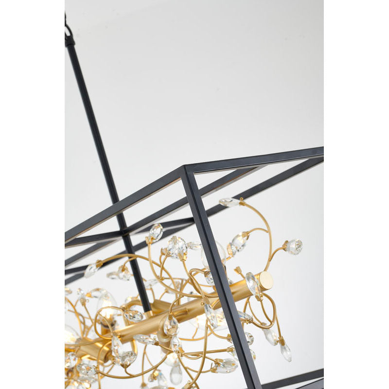 Black Rectangular Cage Frame Chandelier with Gold Branch Accent &amp; Clear Crystals