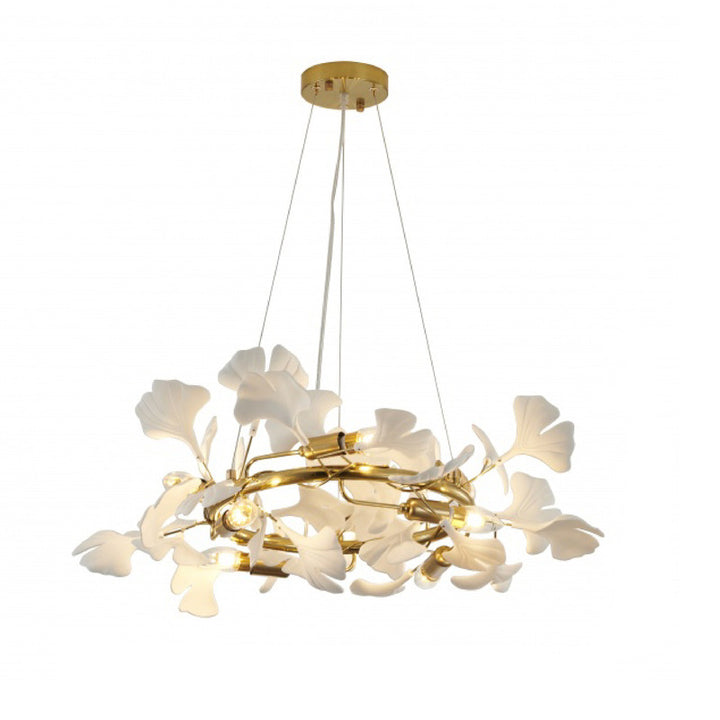 Round Frame Chandelier with Acrylic Leaf Accents in Brass by Bethel