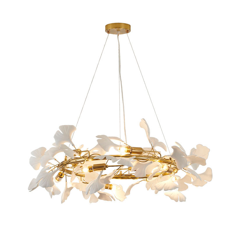 Round Frame Chandelier with Acrylic Leaf Accents in Brass by Bethel