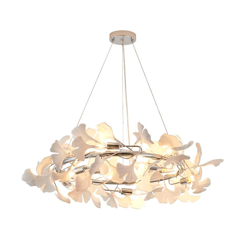 Round Frame Chandelier with Acrylic Leaf Accents in Chrome by Bethel