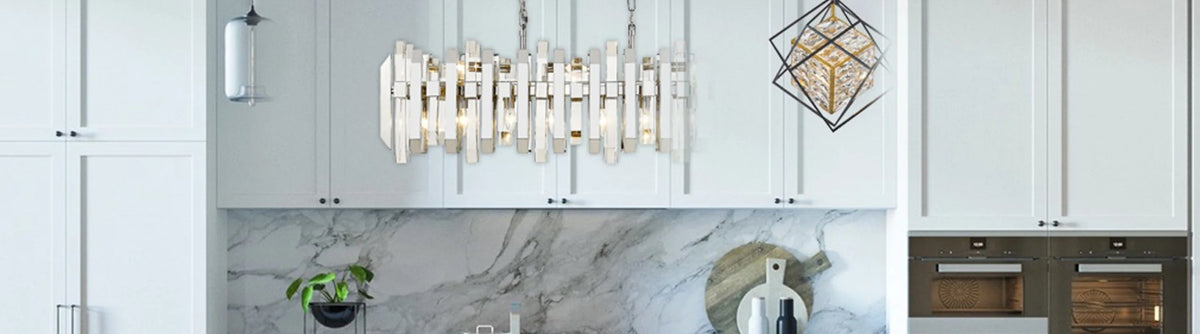 Kitchen with crystal linear chandelier