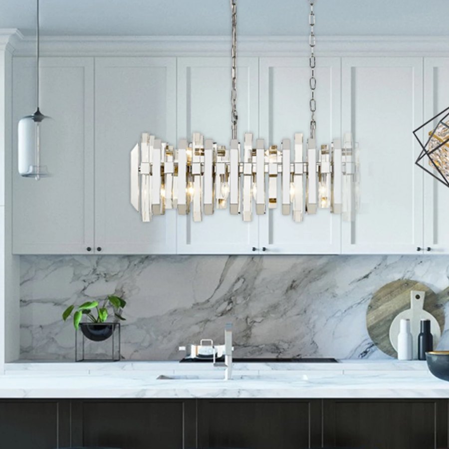 Kitchen with crystal linear chandelier