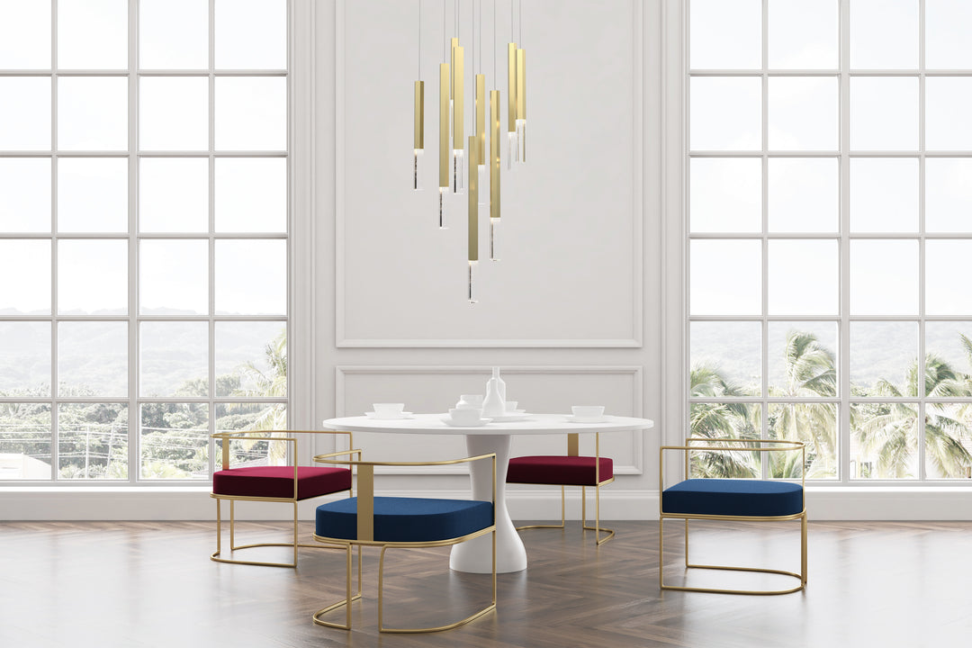 Bright dining room with a cluster of gold pendant lights