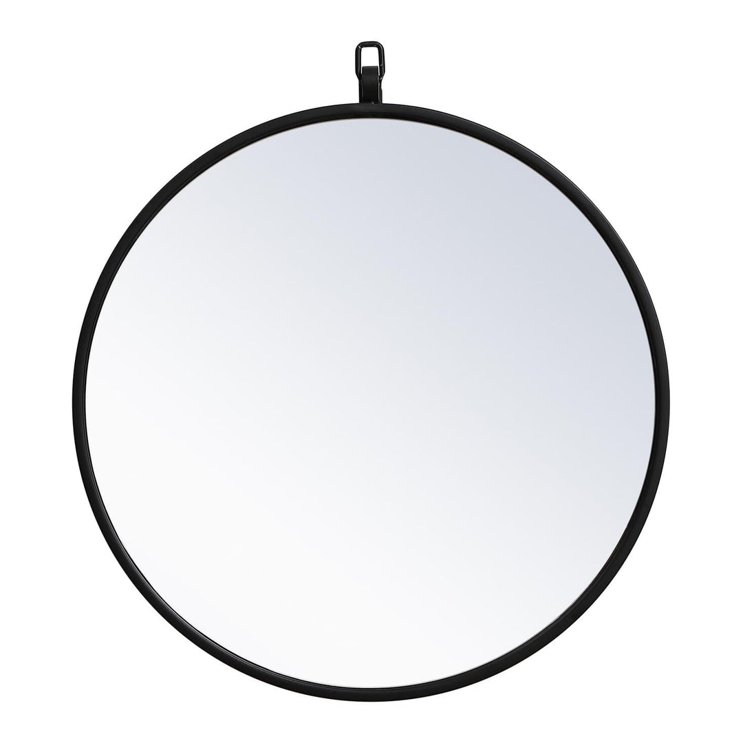Metal Frame Round Mirror with Decorative Hook in Black by Elegant