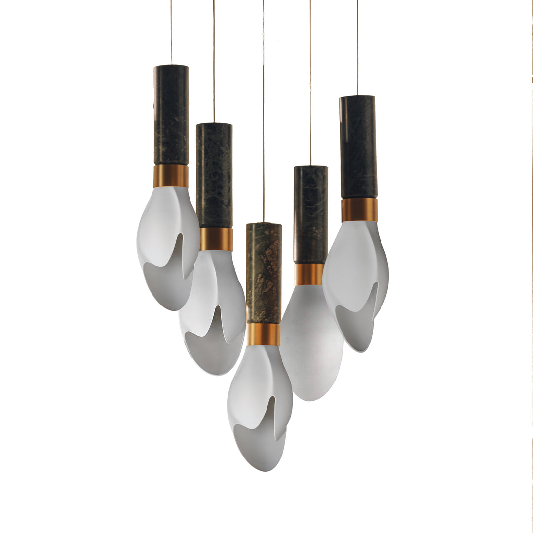 Burgeon 5-Light LED Pendant in Verdi Alpi Marble / Natural Aged Brass by Studio M