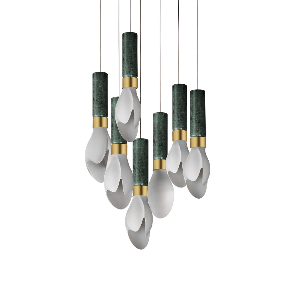 Burgeon 7-Light LED Pendant in Verdi Alpi Marble / Natural Aged Brass by Studio M