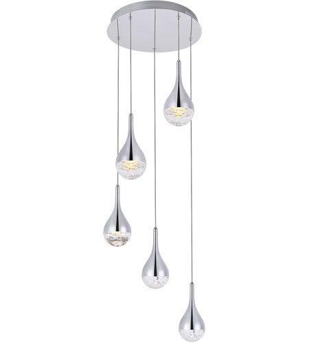 LED Chrome with Crystal Quintuple Pendant - LV LIGHTING