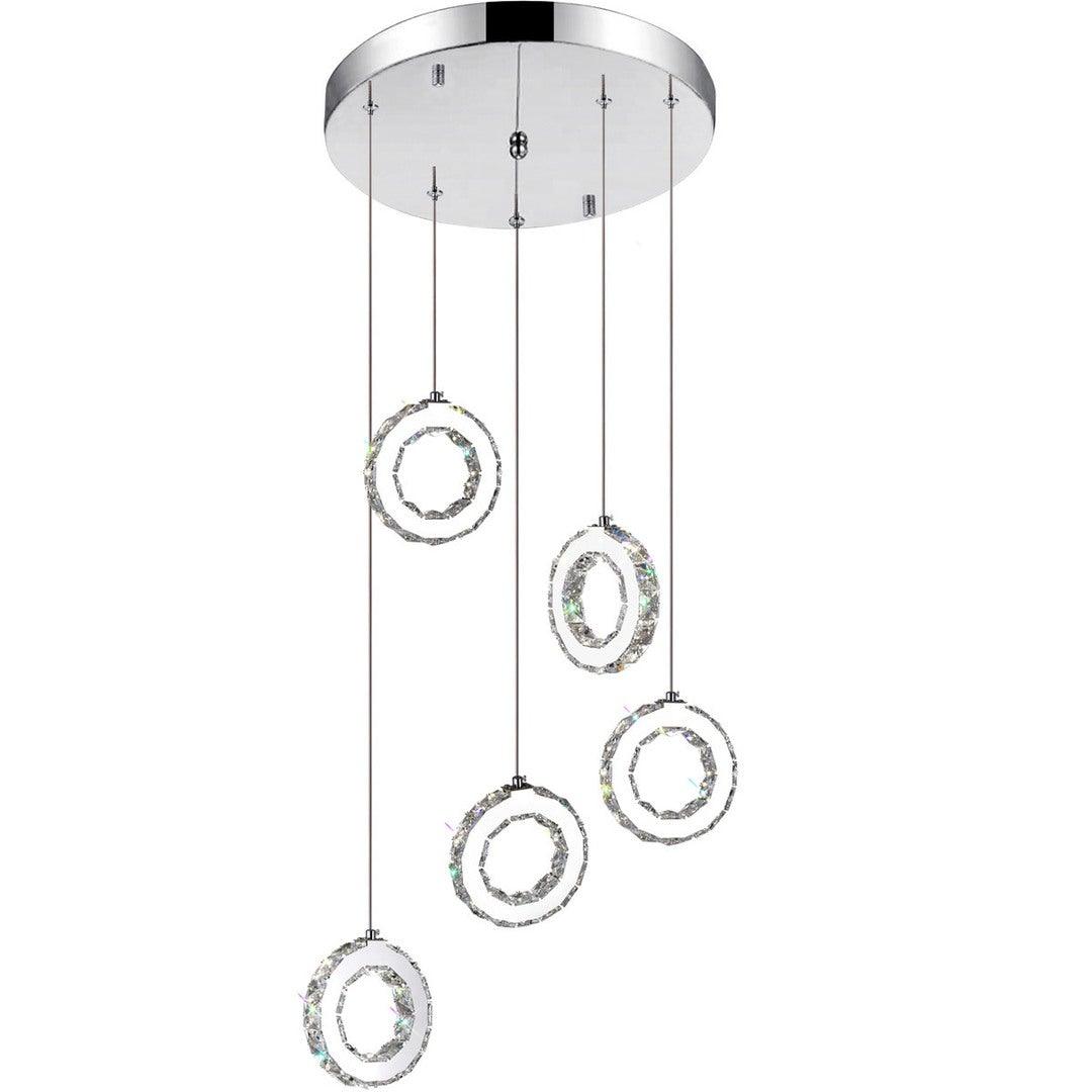 LED Chrome with Cyrstal Quintuple Circle Pendant - LV LIGHTING
