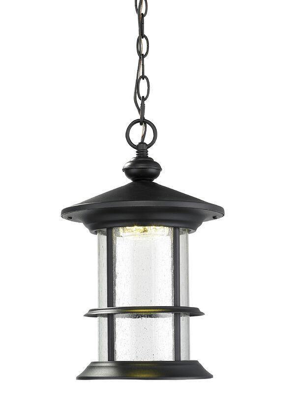 Black Caged Round with Clear Seedy Glass Shade Outdoor Pendant - LV LIGHTING