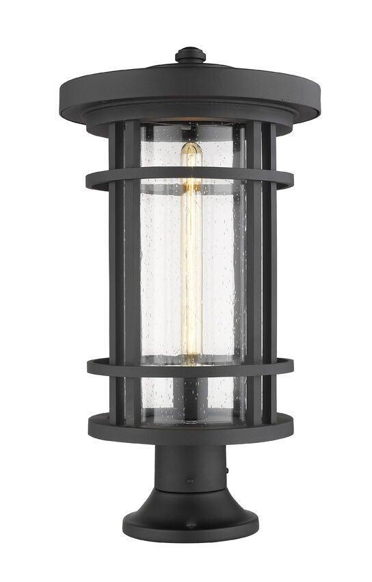 Black Aluminum Caged with Cylindrical Clear Seedy Glass Shade Round Base Outdoor Pier Mount - LV LIGHTING