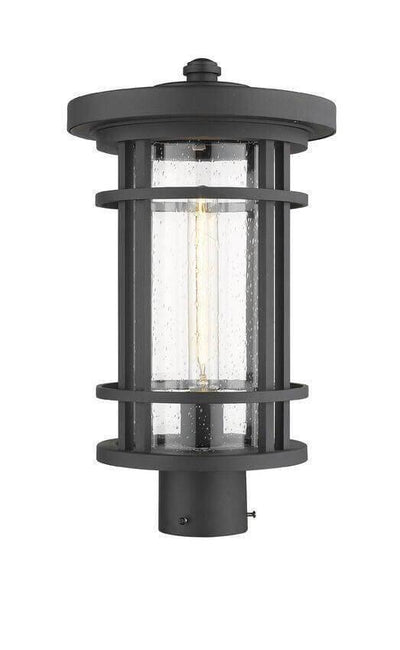 Aluminum with Cylindrical Clear Seedy Glass Shade Caged Post Light - LV LIGHTING