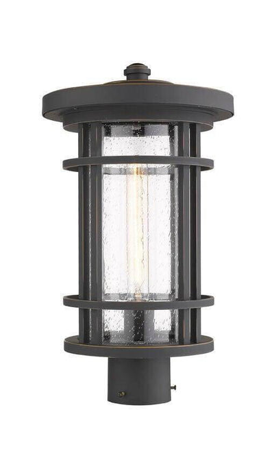 Aluminum with Cylindrical Clear Seedy Glass Shade Caged Post Light - LV LIGHTING