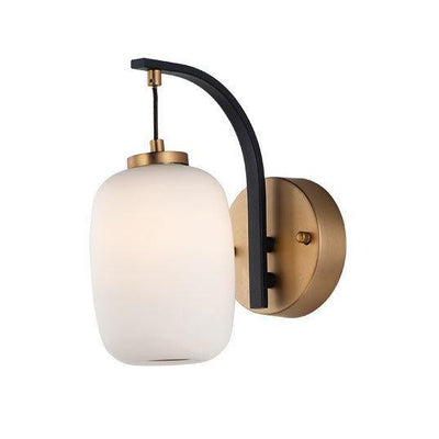 Black and Gold with Satin White Glass Shade Wall Sconce - LV LIGHTING