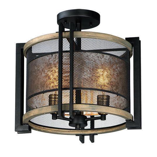 Black and Anique Brass with Barn Wood Mesh Shade Flush Mount - LV LIGHTING
