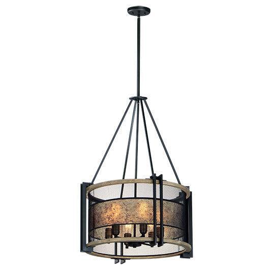 Black and Anique Brass with Barn Wood Mesh Shade Chandelier - LV LIGHTING