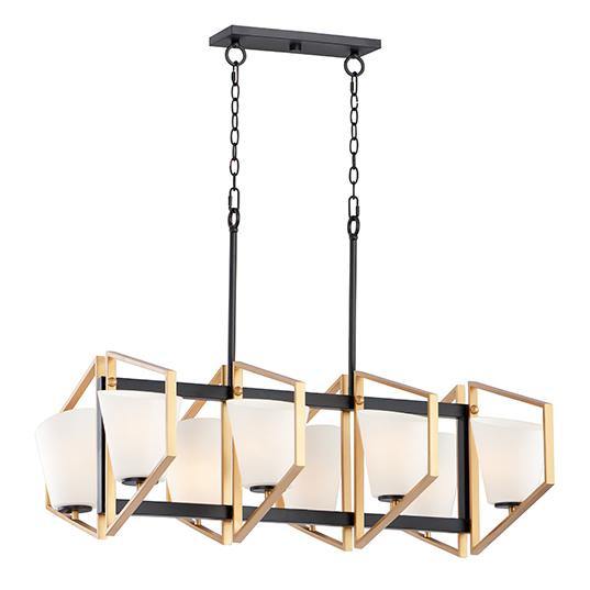 Black Rod with Gold Frame and Satin White Glass Shade 8 Light Linear Pendant - LV LIGHTING