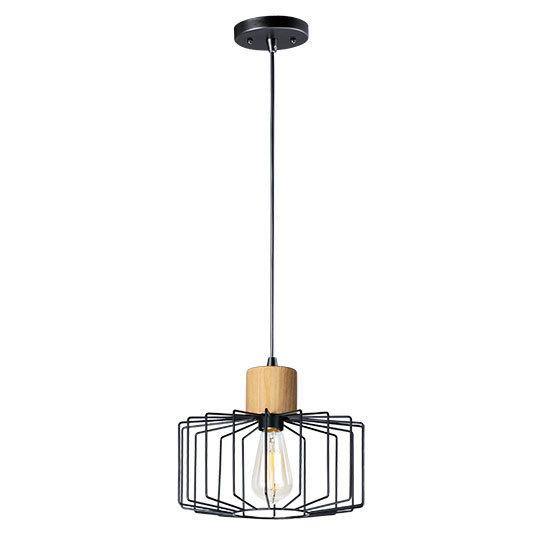 Black Wire Cage with Natural Wood Single Light Pendant - LV LIGHTING