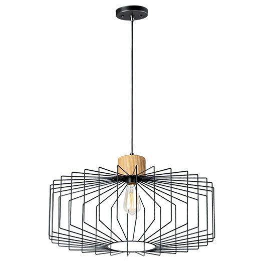Black Wire Cage with Natural Wood Single Light Pendant - LV LIGHTING