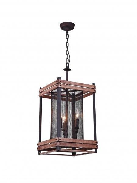 Black Iron Rustic Boxed with Wood Frame Meshed Pendant - LV LIGHTING
