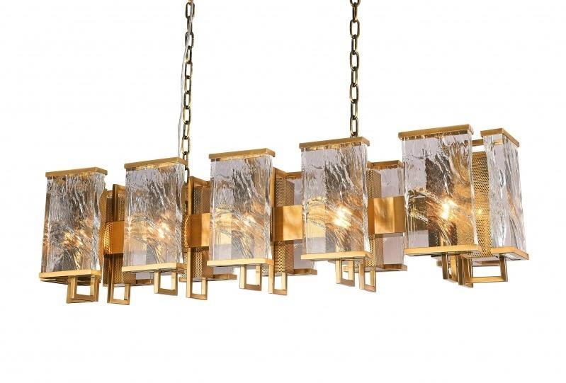 Brass Rectangular Frame with Clear Distorted Crystal Plaques Linear Pendant - LV LIGHTING