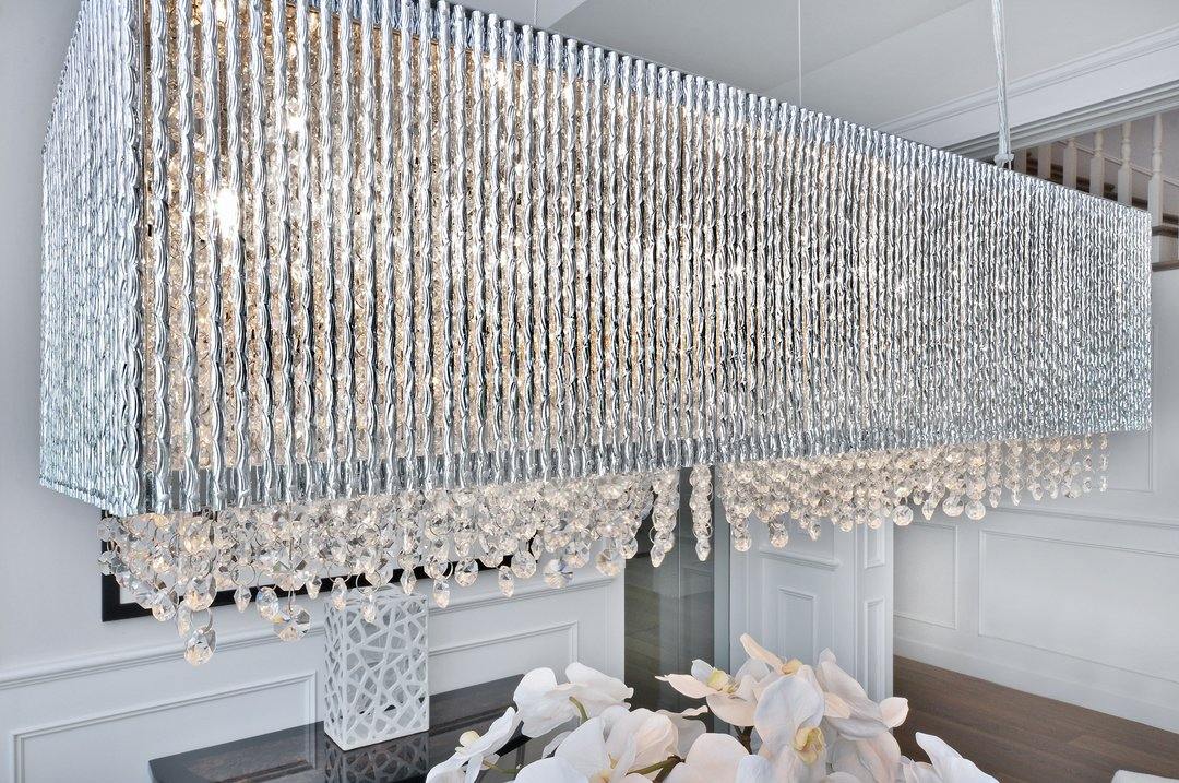 Polished Chrome with Curled Metal and Crystal Strand Rectangular Linear Pendant - LV LIGHTING