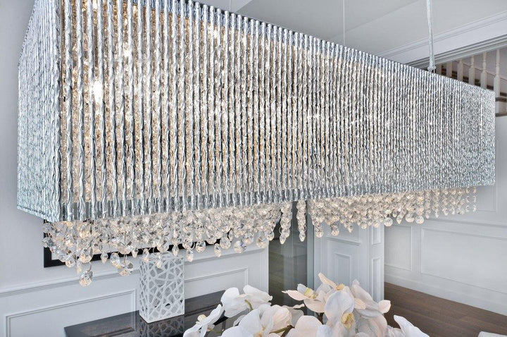 Polished Chrome with Curled Metal and Crystal Strand Rectangular Linear Pendant - LV LIGHTING