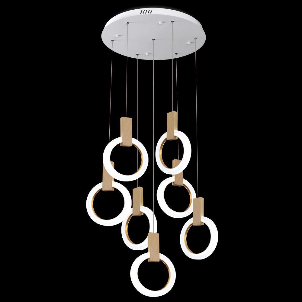 LED White Acrylic Ring with Wood Multiple Pendant - LV LIGHTING