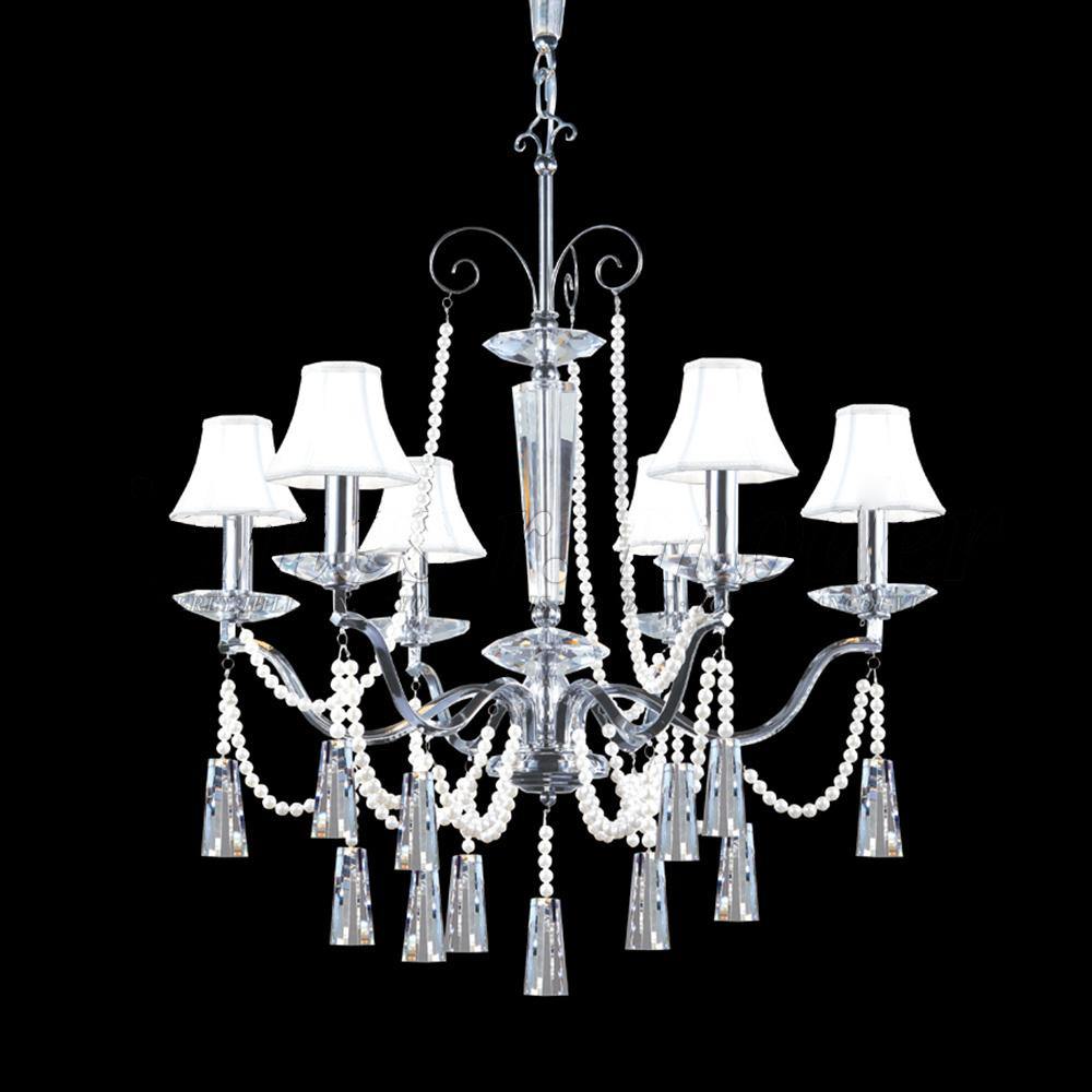 Chrome with Crystal Drop and Pearls Strand with Shade Chandelier - LV LIGHTING