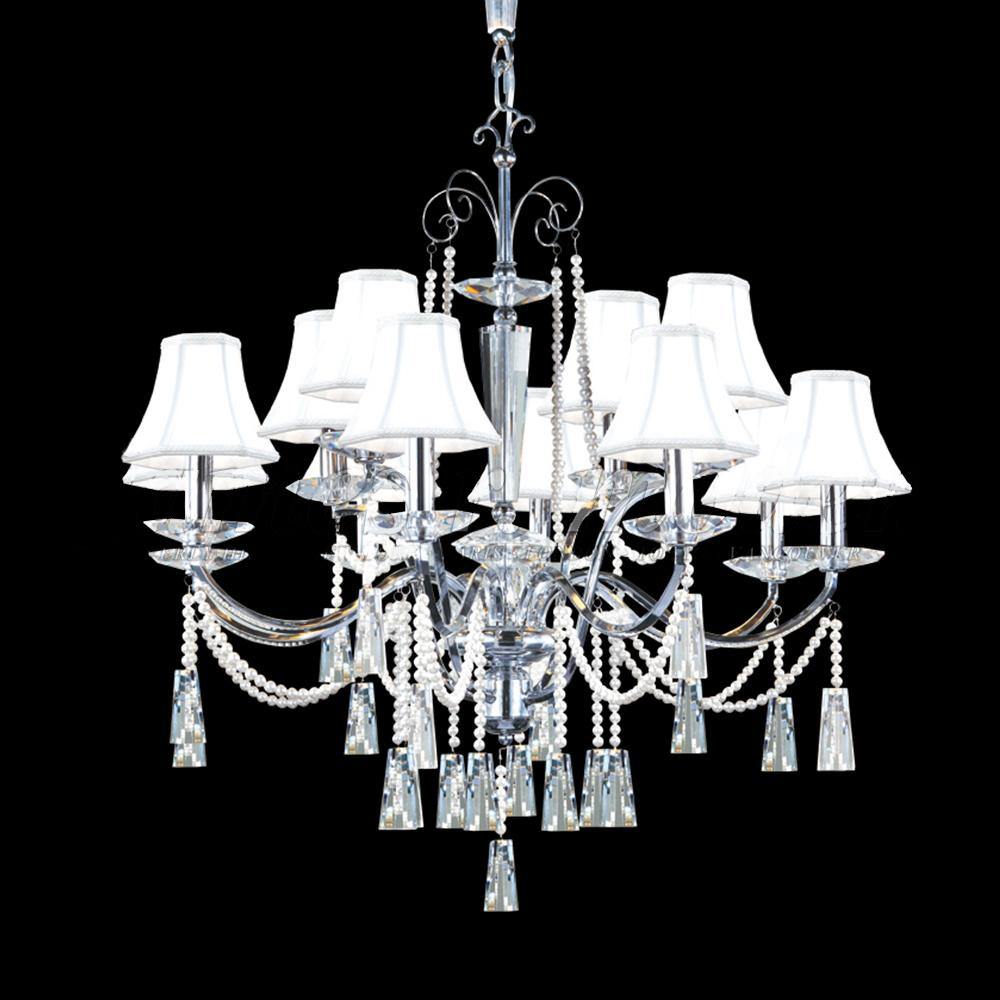 Chrome with Crystal Drop and Pearls Strand with Shade Chandelier - LV LIGHTING