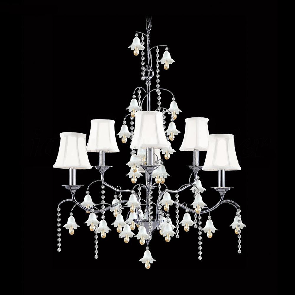 Chrome with White Fabric Shade Clear Crystal and Amber Bells Chandelier - LV LIGHTING