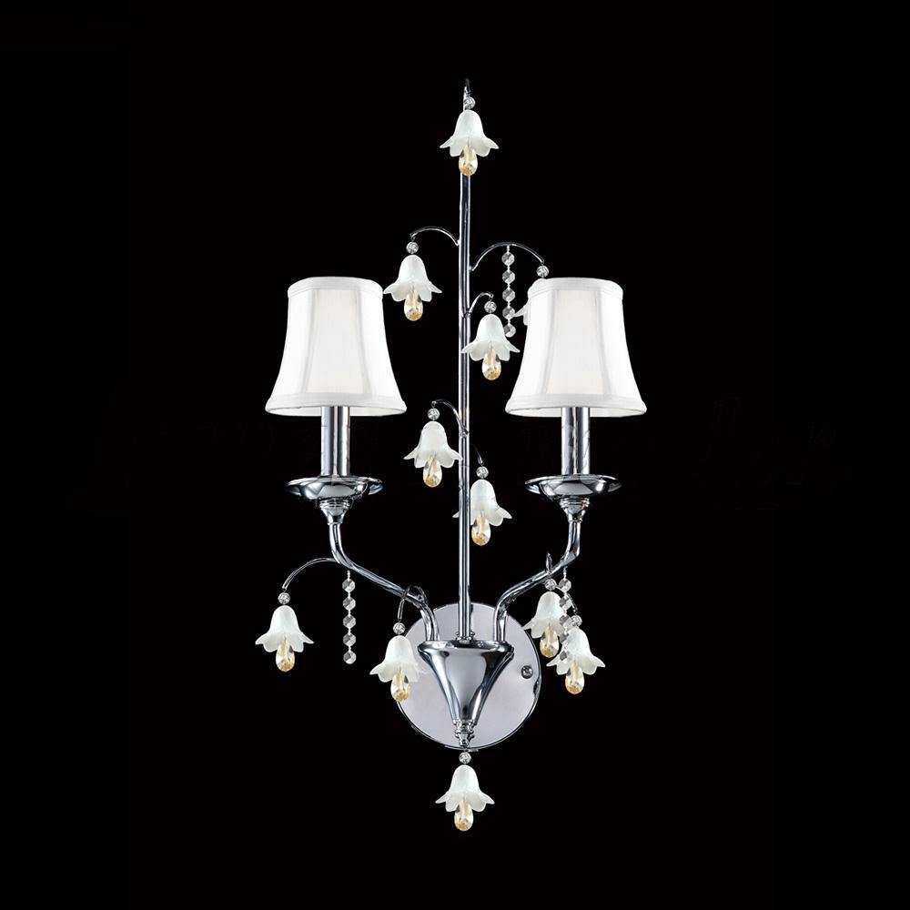 Chrome with Crystal and White Bells with White Fabric Shade Wall Sconce - LV LIGHTING