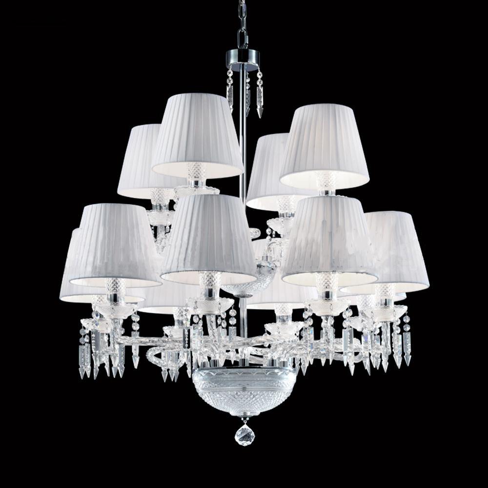 Chrome with Crystal Drop and White Fabric Shade Chandelier - LV LIGHTING