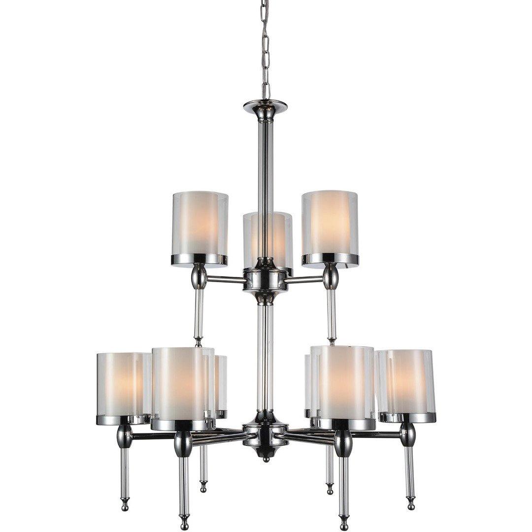 Chorme with Cylindrical Clear and Frosted Class Shade 2 Tier Chandelier - LV LIGHTING