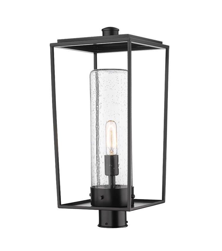 Black with Open Air Frame with Clear Cylindrical Seedy Glass Shade Outdoor Post Light - LV LIGHTING