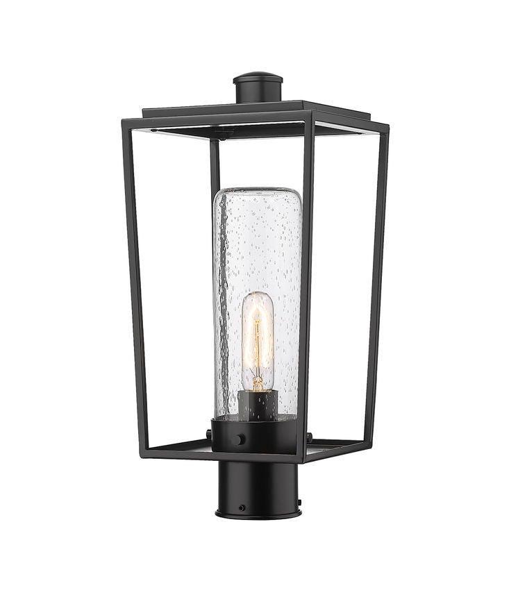 Black with Open Air Frame with Clear Cylindrical Seedy Glass Shade Outdoor Post Light - LV LIGHTING