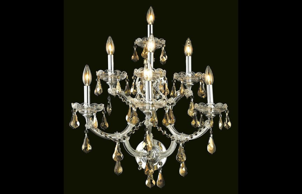 Steel with Clear Crystal Drop and Strand 7 Light Wall Sconce - LV LIGHTING