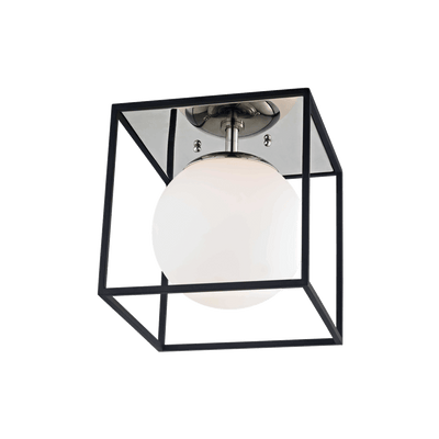 Steel Black Caged Cube with Frosted Glass Globe Flush Mount - LV LIGHTING