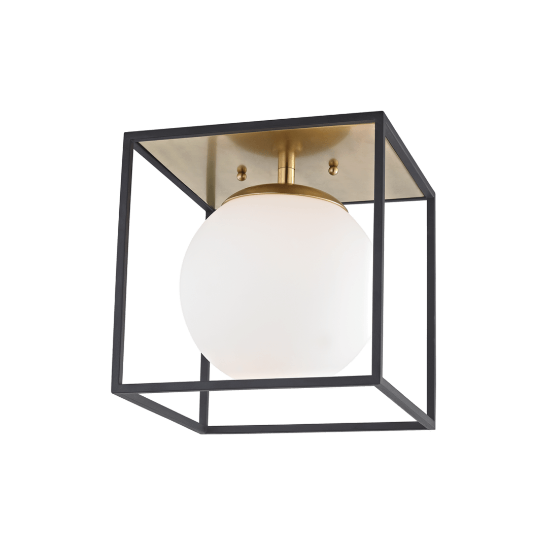 Steel Black Caged Cube with Frosted Glass Globe Flush Mount - LV LIGHTING