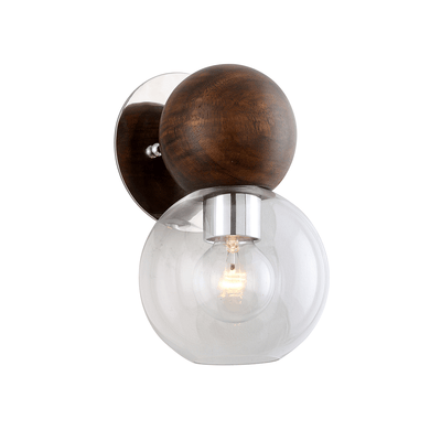 Polished Stainless Steel and Natural Acacia with Clear Glass Shade Wall Sconce - LV LIGHTING