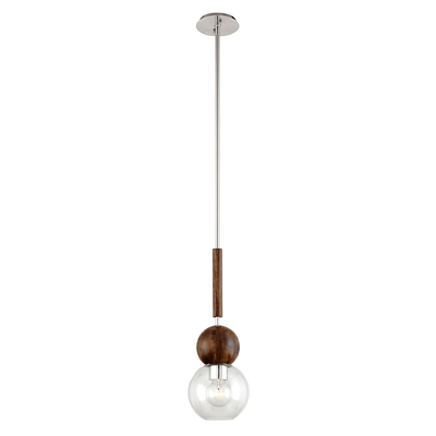 Polished Stainless Steel and Natural Acacia with Clear Glass Shade Pendant - LV LIGHTING