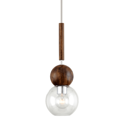 Polished Stainless Steel and Natural Acacia with Clear Glass Shade Pendant - LV LIGHTING